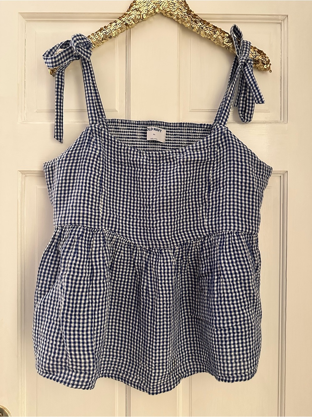 Old Navy Navy & White Gingham Tie-Strap Peplum Tank XL